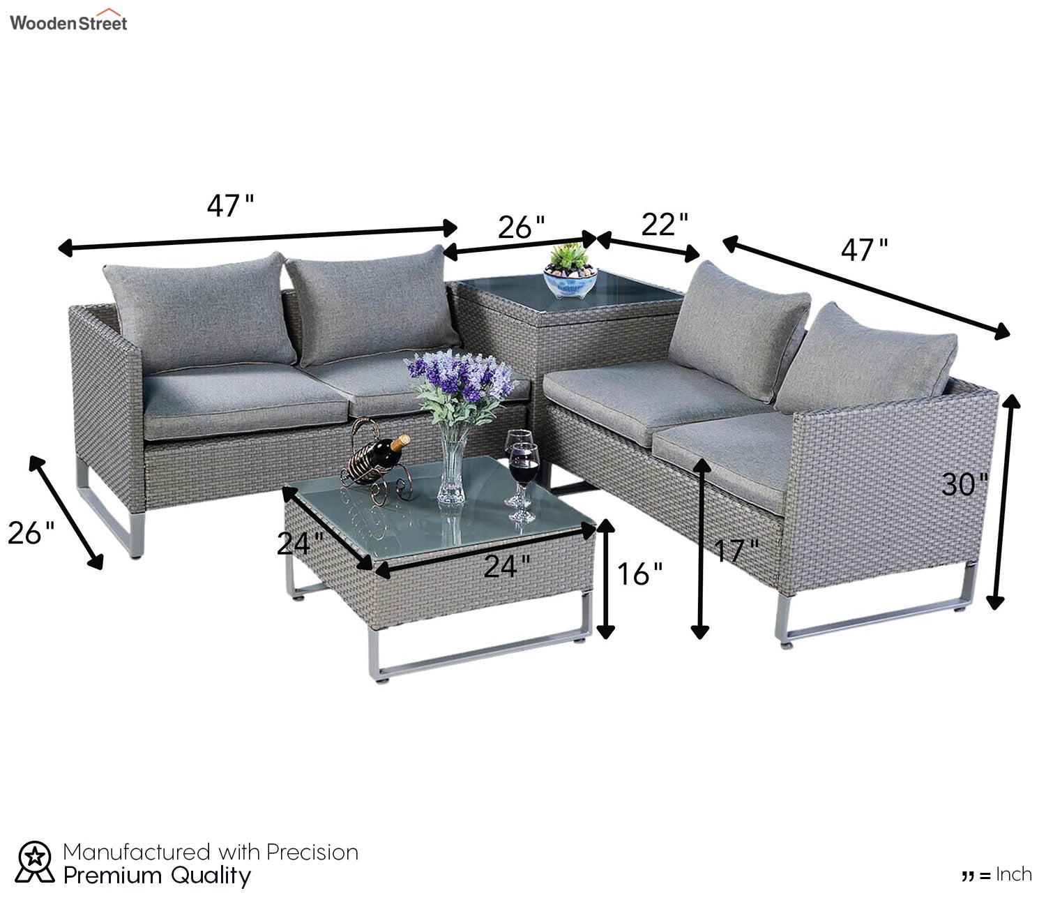 Grey Color Rattan And Wicker 4 Seater Patio Set With table And Grey Cushions
