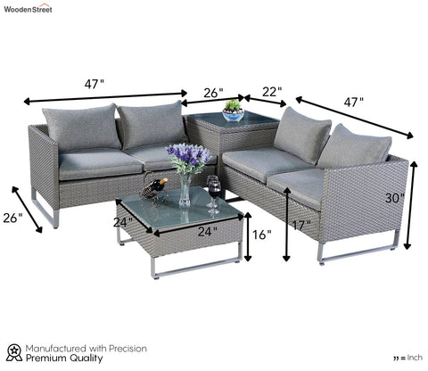 Grey Color Rattan And Wicker 4 Seater Patio Set With table And Grey Cushions