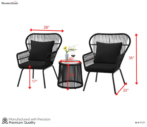 Black Rope 2 Seater Chair With Table And Black Cushions Patio Set
