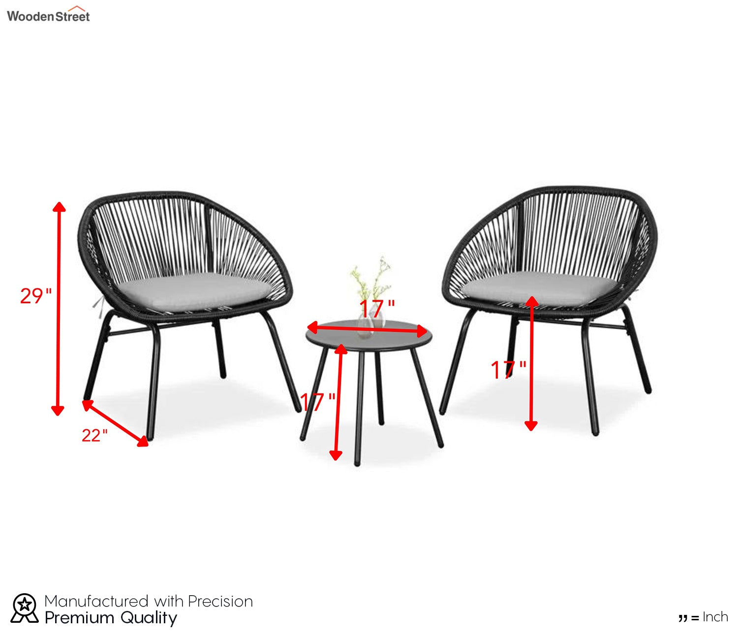 Black Rope 2 Seater Chair With Table And Grey Cushions Patio Set