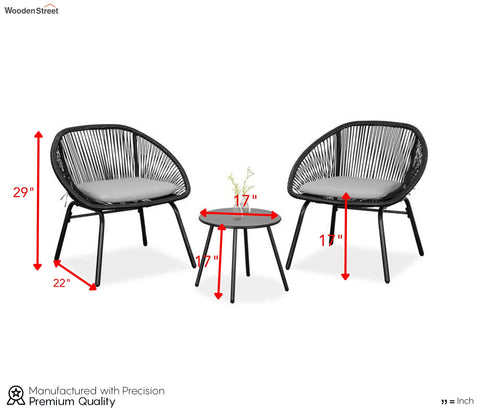 Black Rope 2 Seater Chair With Table And Grey Cushions Patio Set