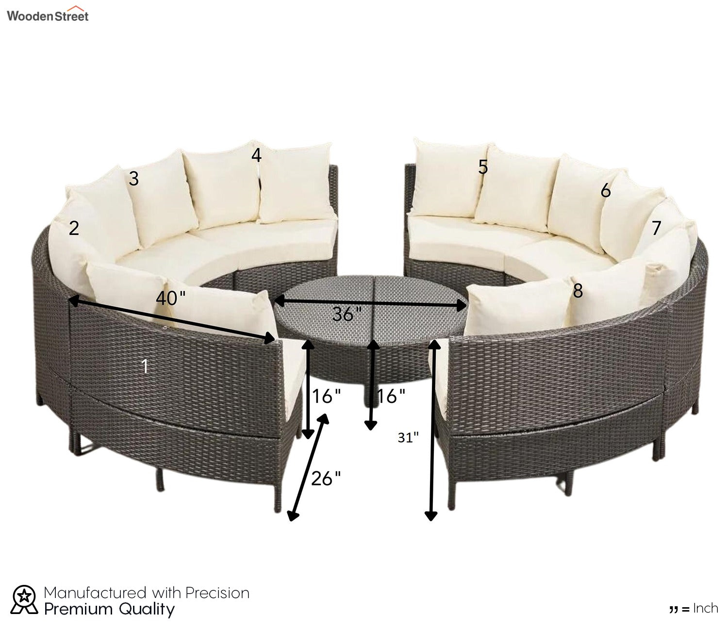 Dark Brown Rattan And Wicker 8 Seater Patio Set With Table And Cream Cushions