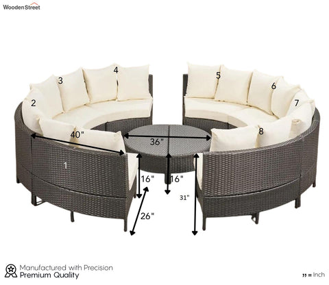 Dark Brown Rattan And Wicker 8 Seater Patio Set With Table And Cream Cushions