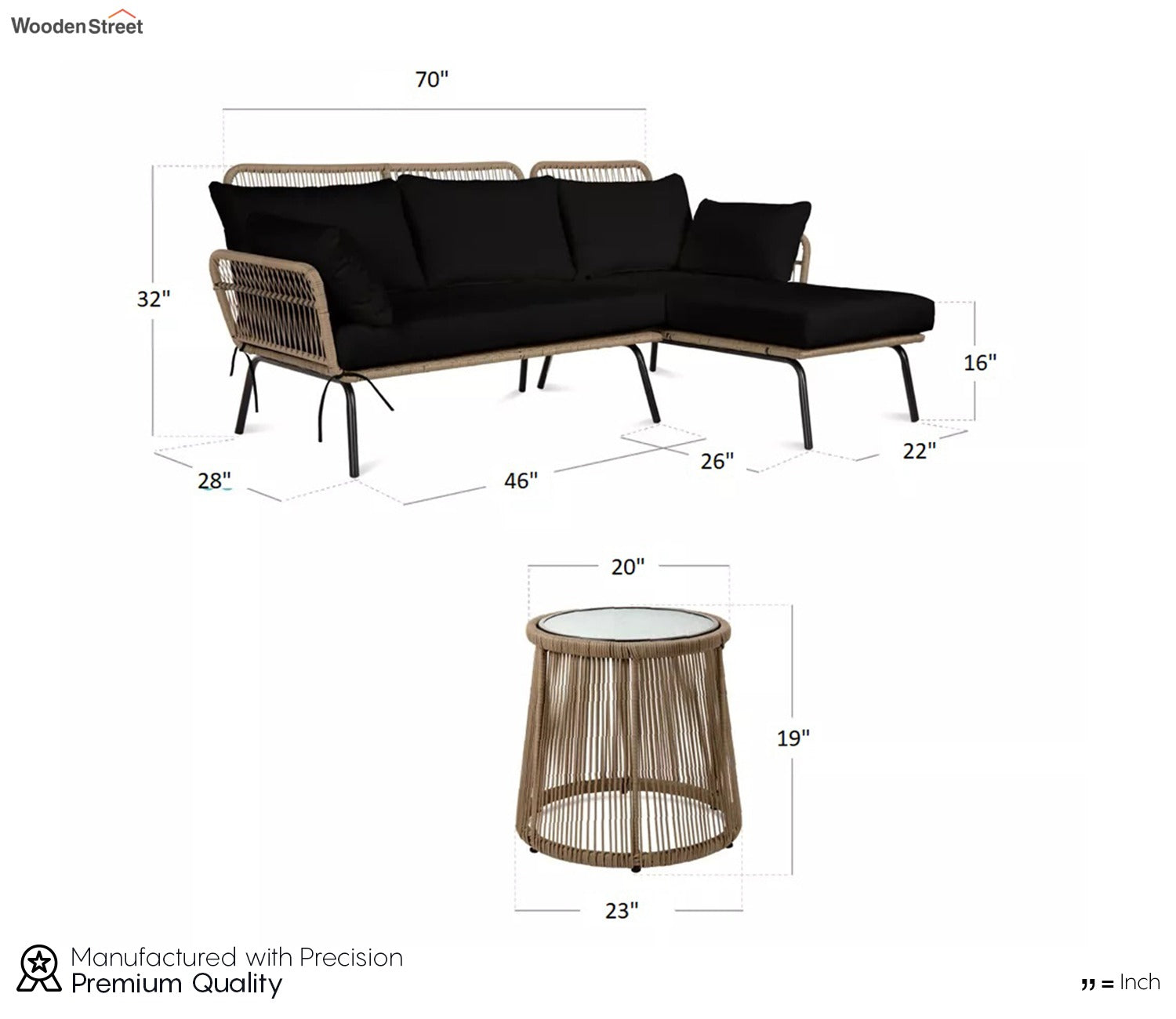 Beige Detachable L Shaped Rope Outdoor Sofa with One Table and Black Cushion Set