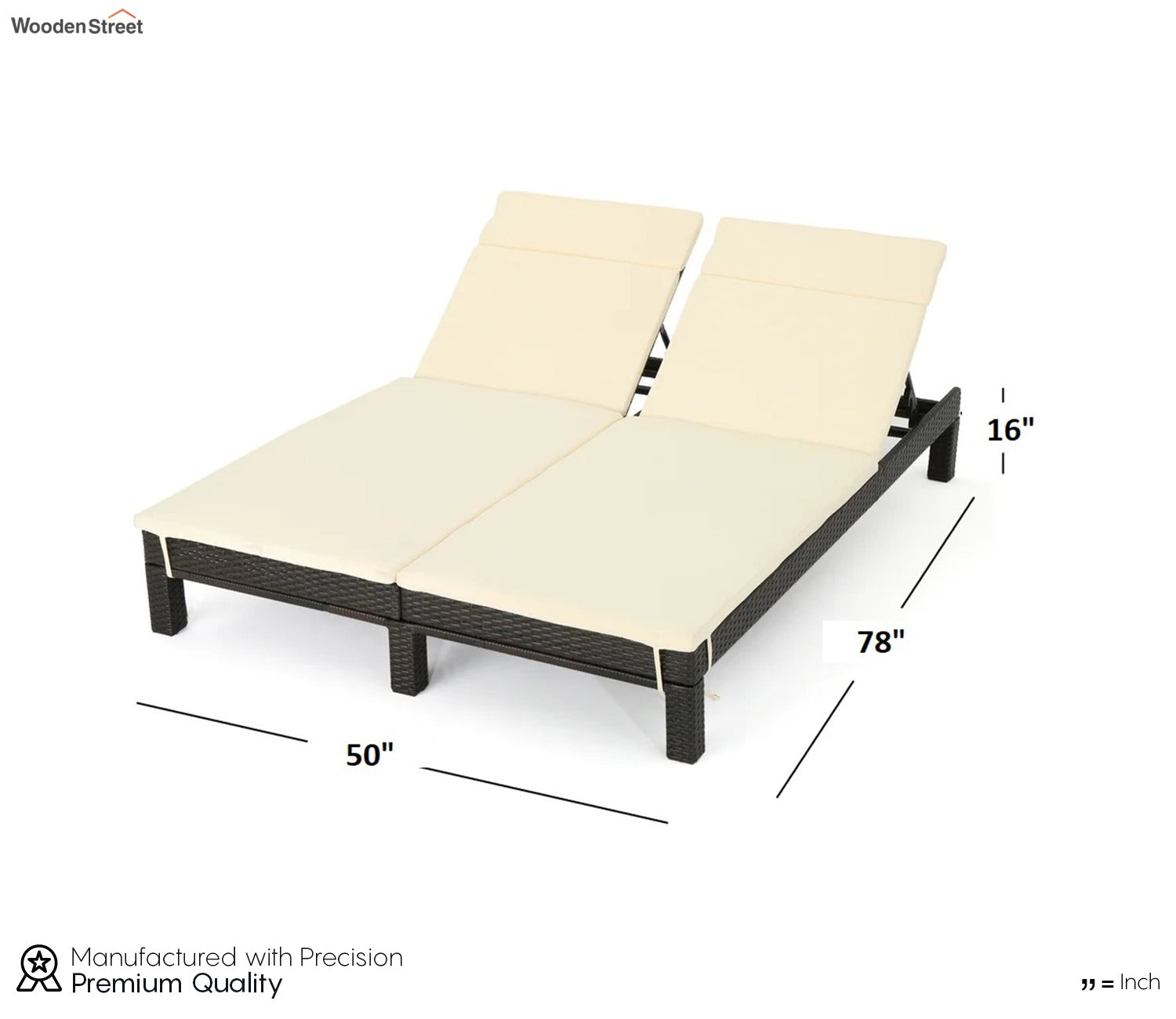 Dark Brown Adjustable Outdoor Attached 2 Patio Lounger With Cream Cushions