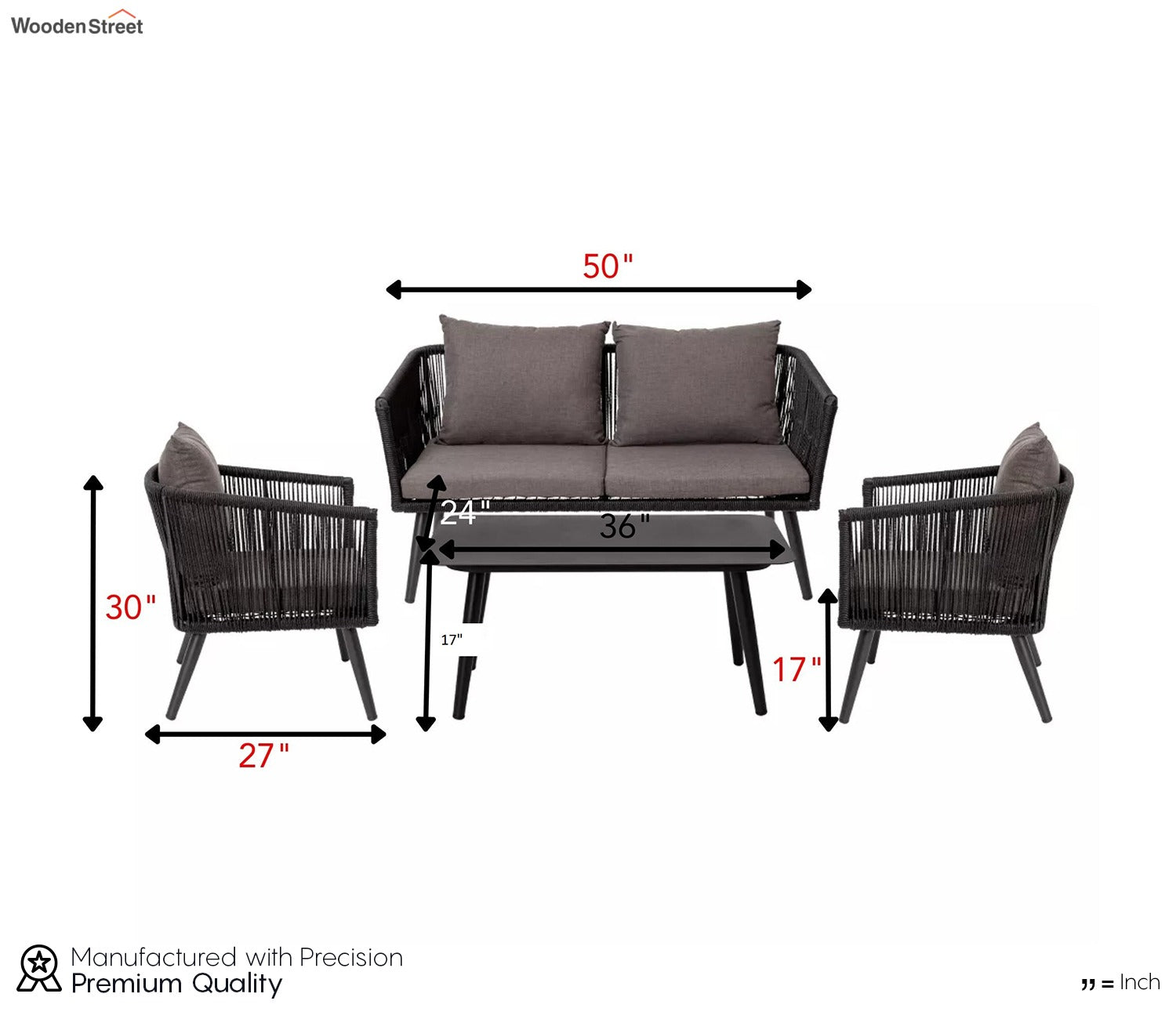 Black Rope 4 Seater Set With Table And Dark Grey Cushions