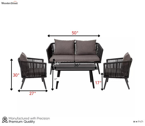 Black Rope 4 Seater Set With Table And Dark Grey Cushions