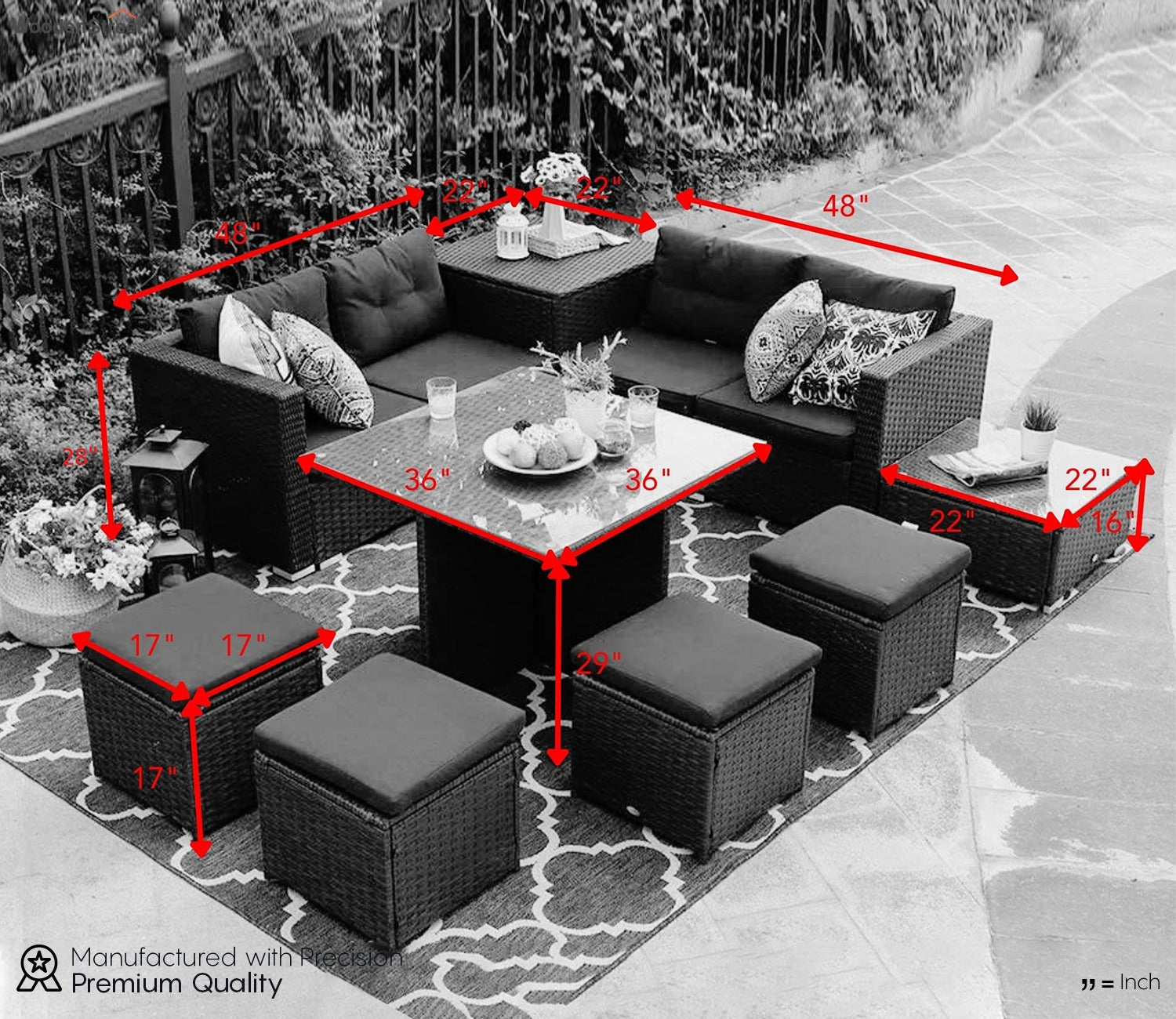 Dark Brown Rattan And Wicker 8 Seater Outdoor Furniture Set With Table And Blue Cushions