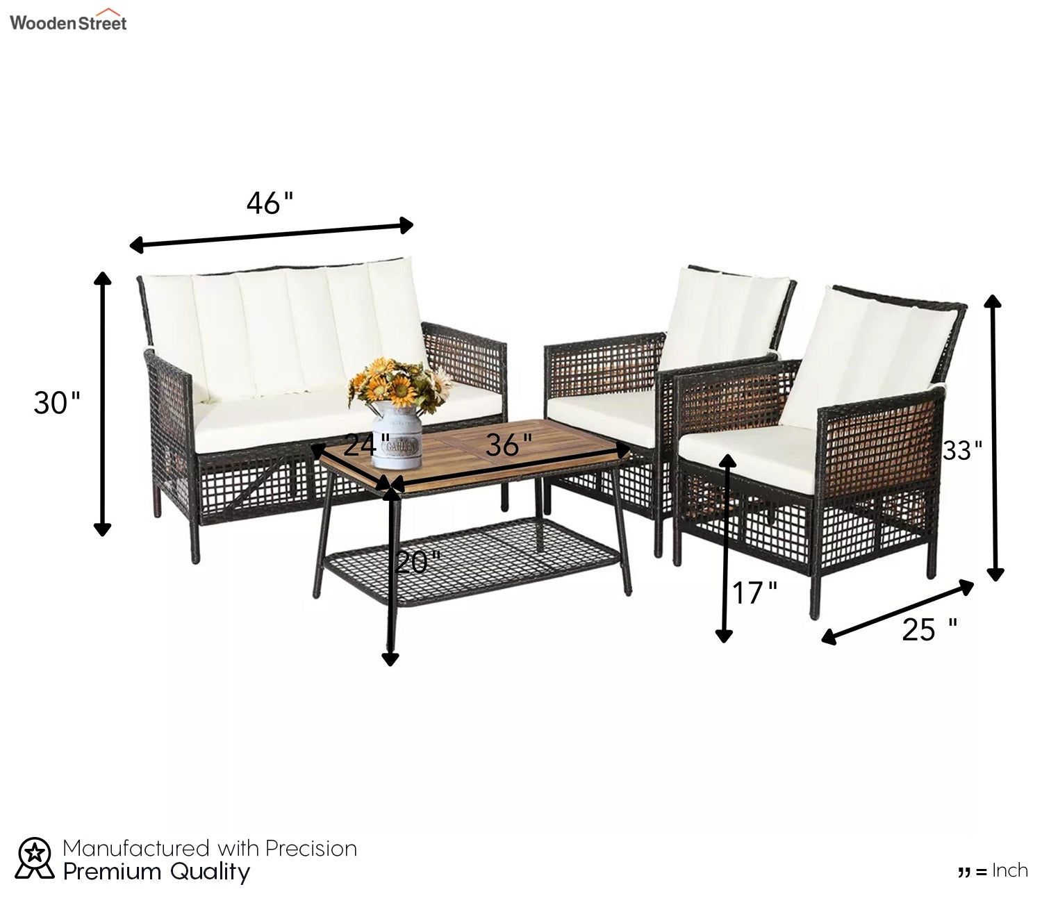 Dark Brown Rattan And Wicker 4 Seater Sofa Set With Rectangle Table And Off White Cushions