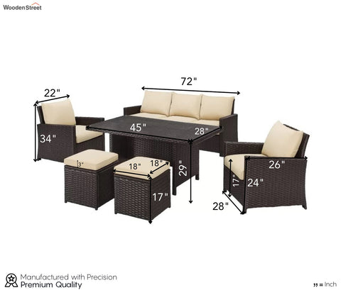 Dark Brown Rattan And Wicker 7 Seater Set With Table And Cream Cushions