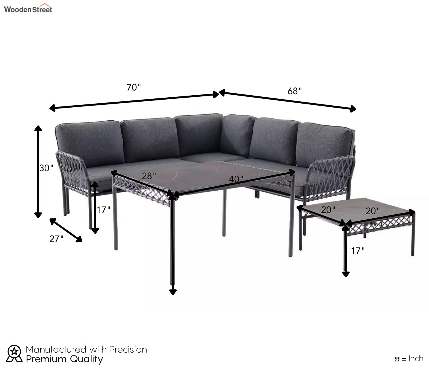 Grey Rope L Shape Sofa Set With Table And Grey Cushions