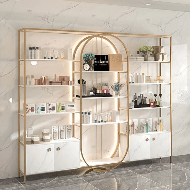 Trueliving Royal White Cosmetic shelves retail store cosmetic display rack with cabinet  L60*W30*H182 CM