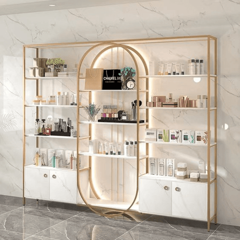 Trueliving Royal White Cosmetic shelves retail store cosmetic display rack with cabinet  L60*W30*H182 CM