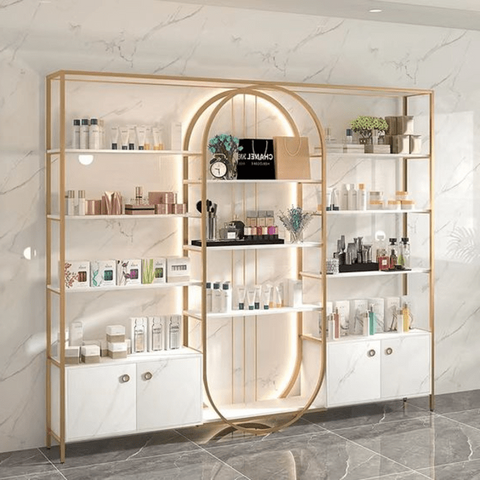 Trueliving Royal White Cosmetic shelves retail store cosmetic display rack with cabinet  L60*W30*H182 CM