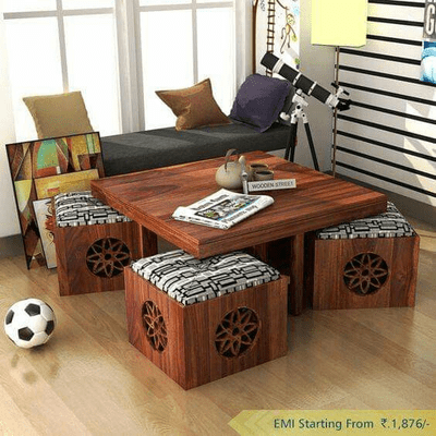 Trueliving Cozy Wood Brown Table Stool (Table H 30 x W 34 x D 18 Stool H 18 x W 16 x D 14)