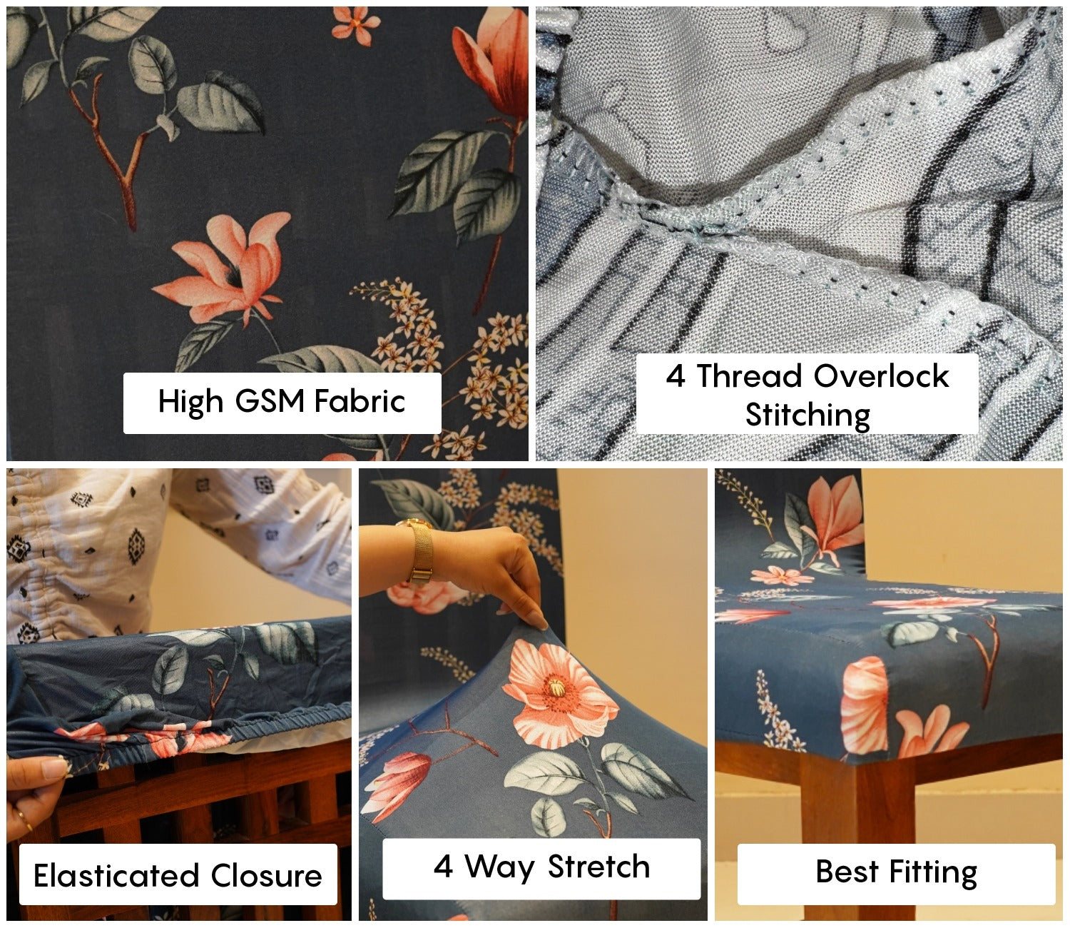 Flaubert Anti Slip Floral Printed Polyester Dining Chair Cover Set Of 4 (Blue)