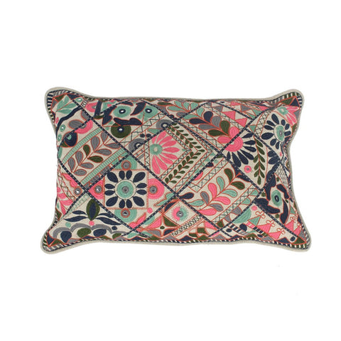 Multicolor Embroidered Cotton Cushion Cover - Set of 1 (20 x 12 inch, Blue)