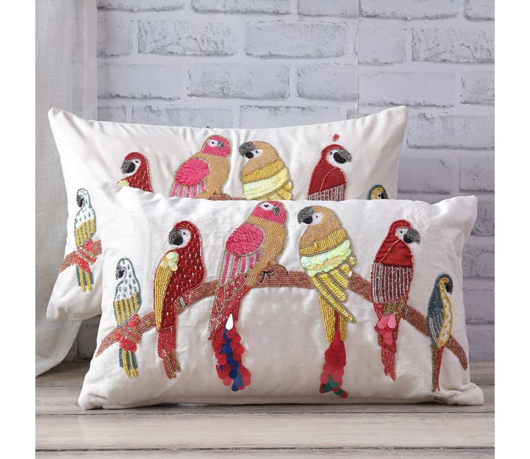 Beaded Sequin Velvet Cushion Covers - Set of 1 (20 x 12 inch, Ivory)
