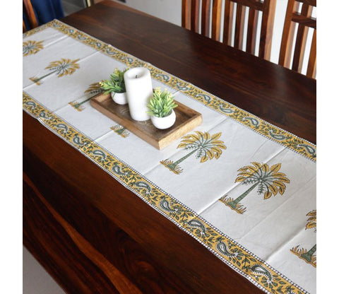 Vivid Garden Yellow and White Hand Block Print Table Runner - 16 x 50