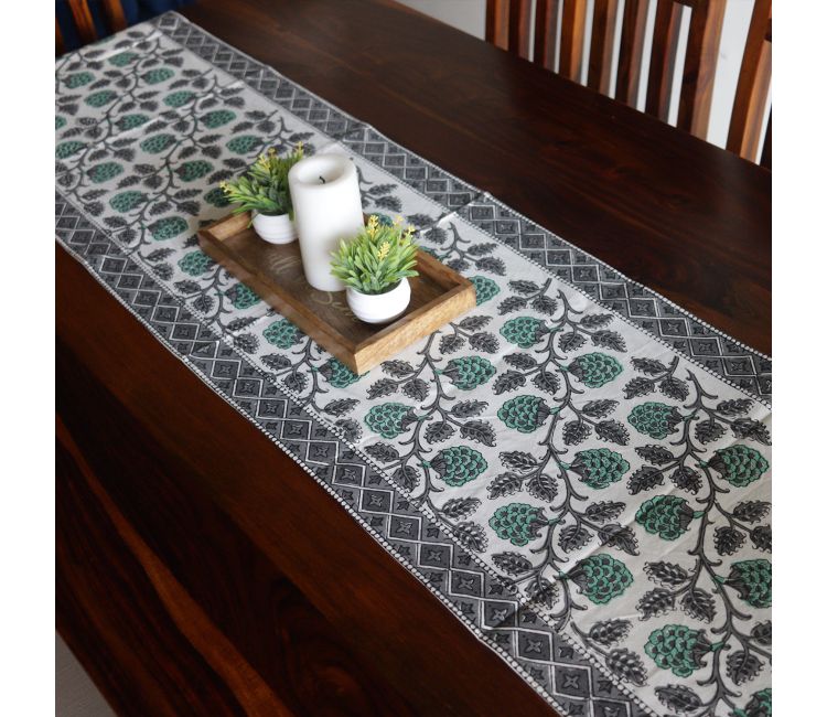 Vivid Garden Green and Black Hand Block Print Table Runner - 16 x 50