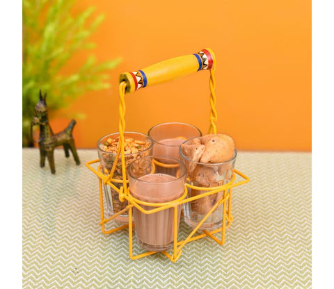 Cutting Chai in Yellow Handpainted Metal Stand - Set of 4
