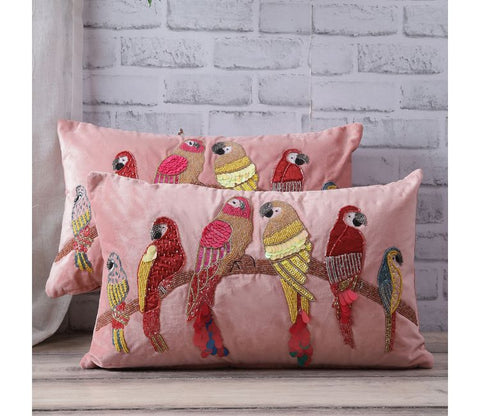 Beaded Sequin Velvet Cushion Covers - Set of 1 (20 x 12 inch, Peach)