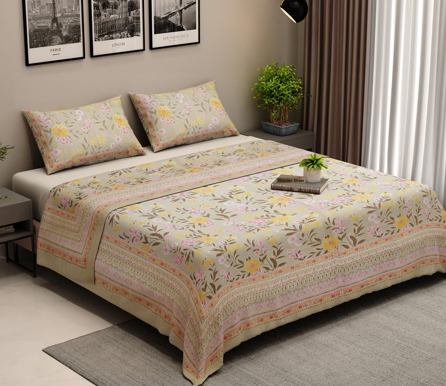 120 TC Floral Screen Print Cotton Double Bed Sheet King Size with Pillow Cover (Yellow and Pink)