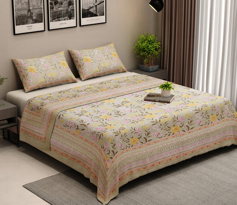 120 TC Floral Screen Print Cotton Double Bed Sheet King Size with Pillow Cover (Yellow and Pink)