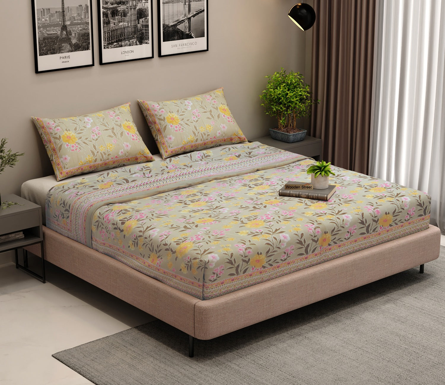120 TC Floral Screen Print Cotton Double Bed Sheet King Size with Pillow Cover (Yellow and Pink)