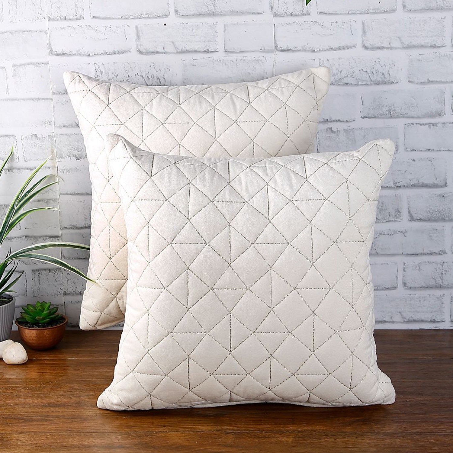 Velvet Quilted Cushion Cover - Set Of 1 (Ivory, 18 x 18 inch)