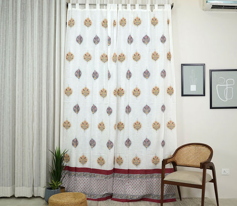 Flower Butah Multicolor 1 Piece Long Door Curtain (White, 9 Feet)
