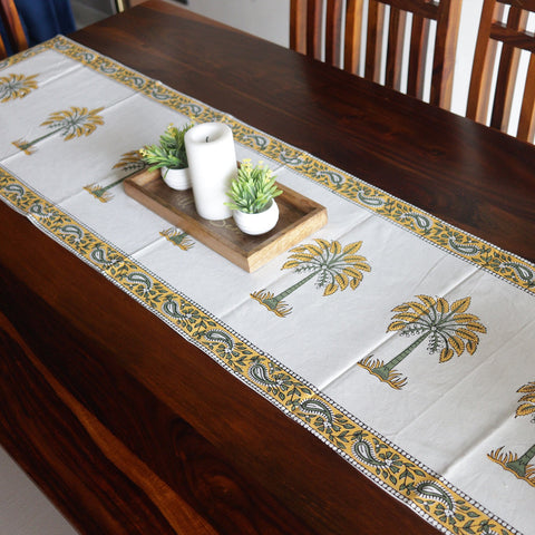 Vivid Garden Yellow and White Hand Block Print Table Runner - 16 x 50