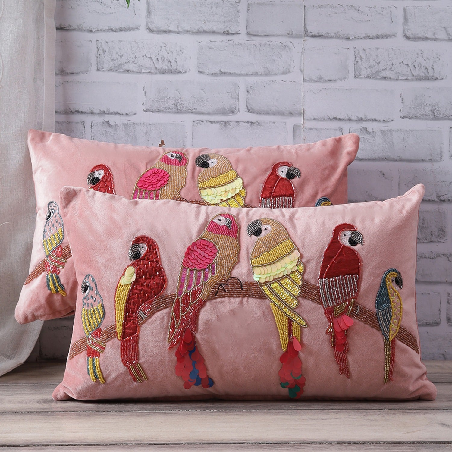 Beaded Sequin Velvet Cushion Covers - Set of 1 (20 x 12 inch, Peach)