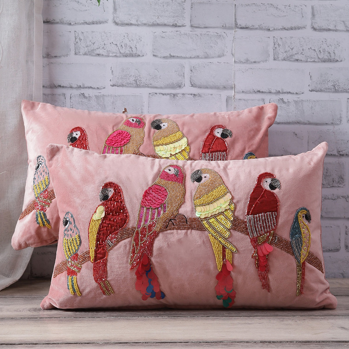 Beaded Sequin Velvet Cushion Covers - Set of 1 (20 x 12 inch, Peach)