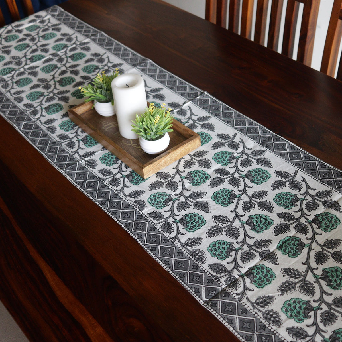Vivid Garden Green and Black Hand Block Print Table Runner - 16 x 50