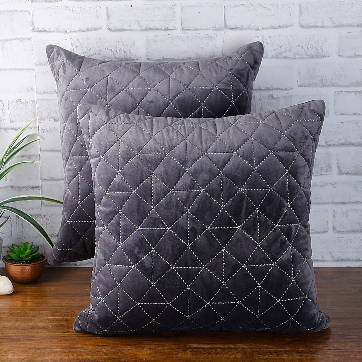 Velvet Quilted Cushion Cover - Set Of 1 (Grey, 18 x 18 inch)