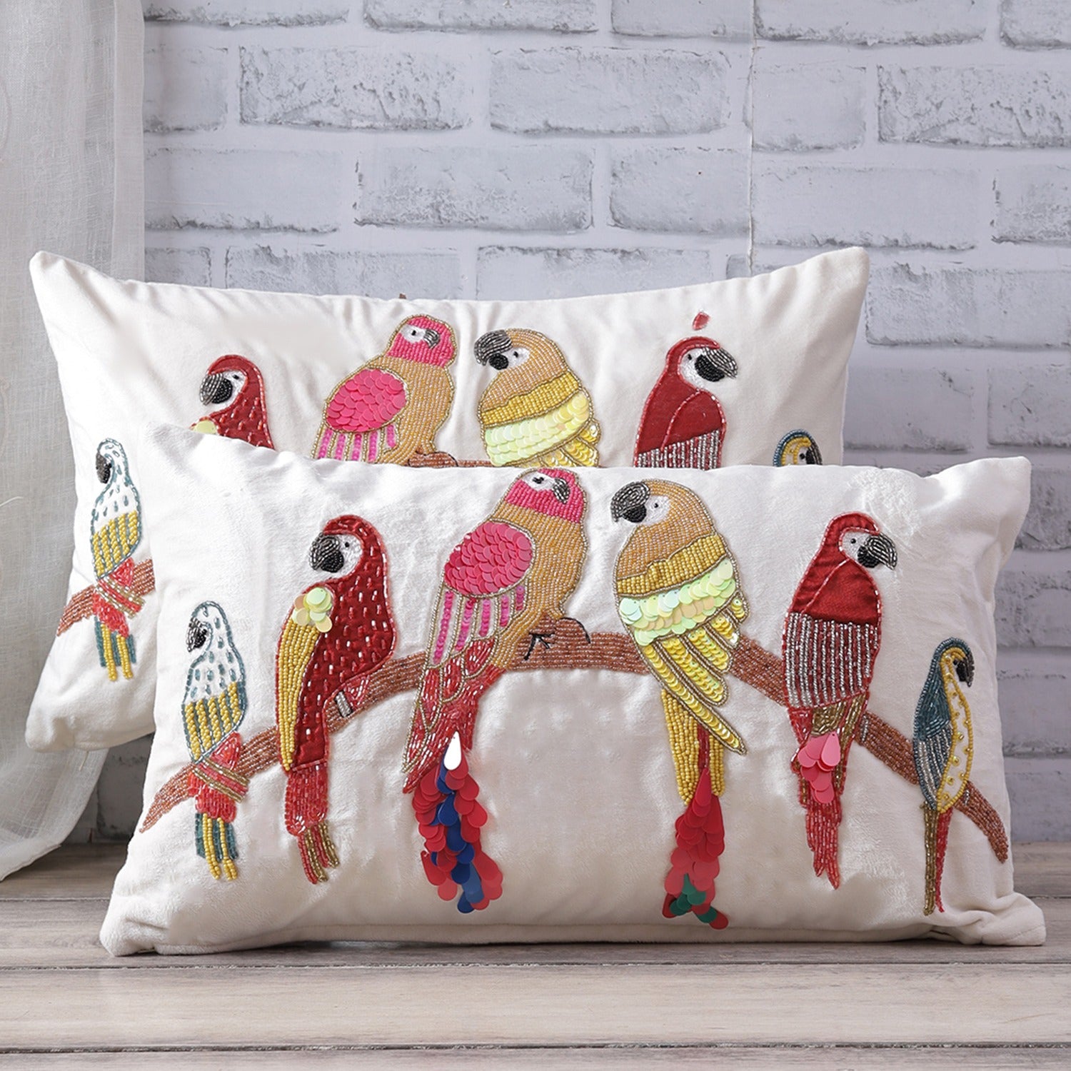 Beaded Sequin Velvet Cushion Covers - Set of 1 (20 x 12 inch, Ivory)