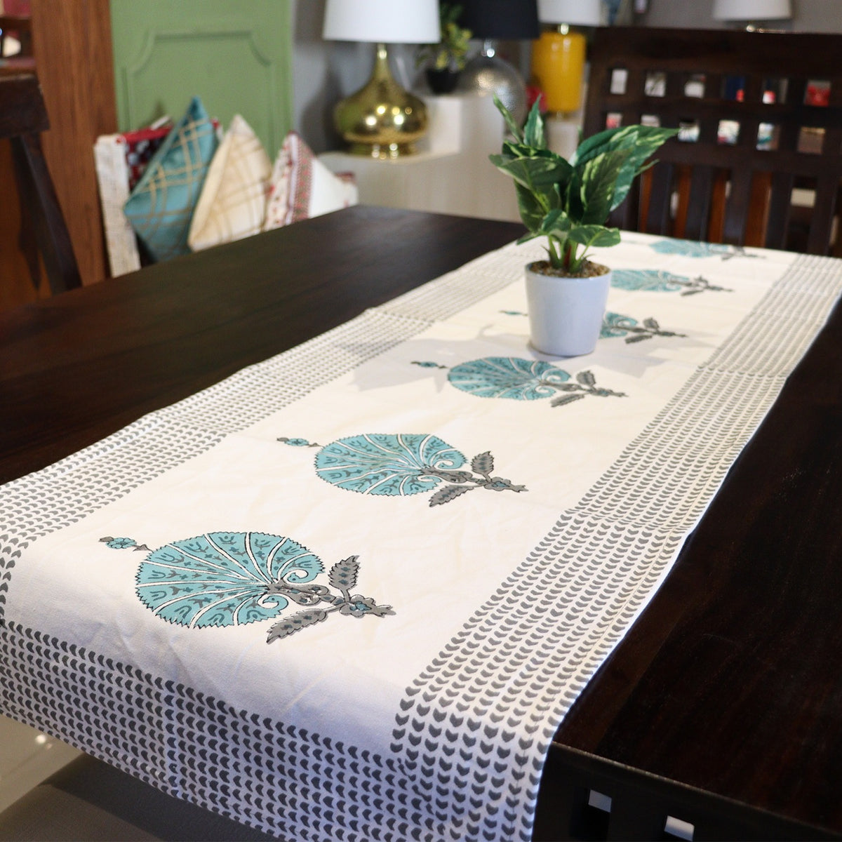 Garden Fresh Black and Green Hand Block Print Table Runner - 16 x 50