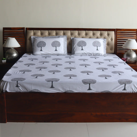 Tree Motifs Hand Block Printed White Double Bed Sheet with Pillow Covers