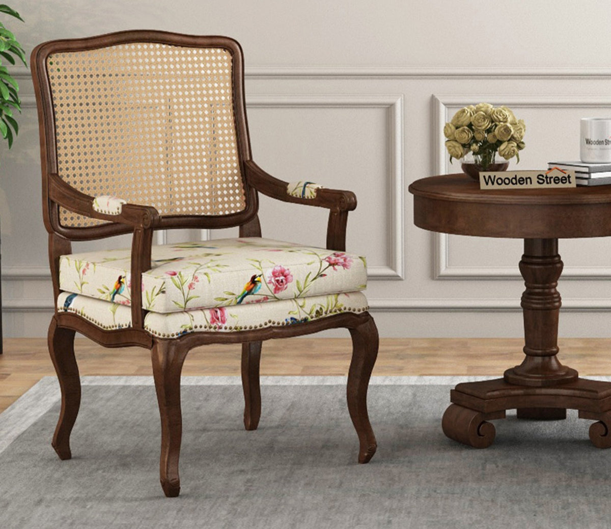 Kelvin Cane Arm Chair with Backrest (Cotton, Cream Robins)