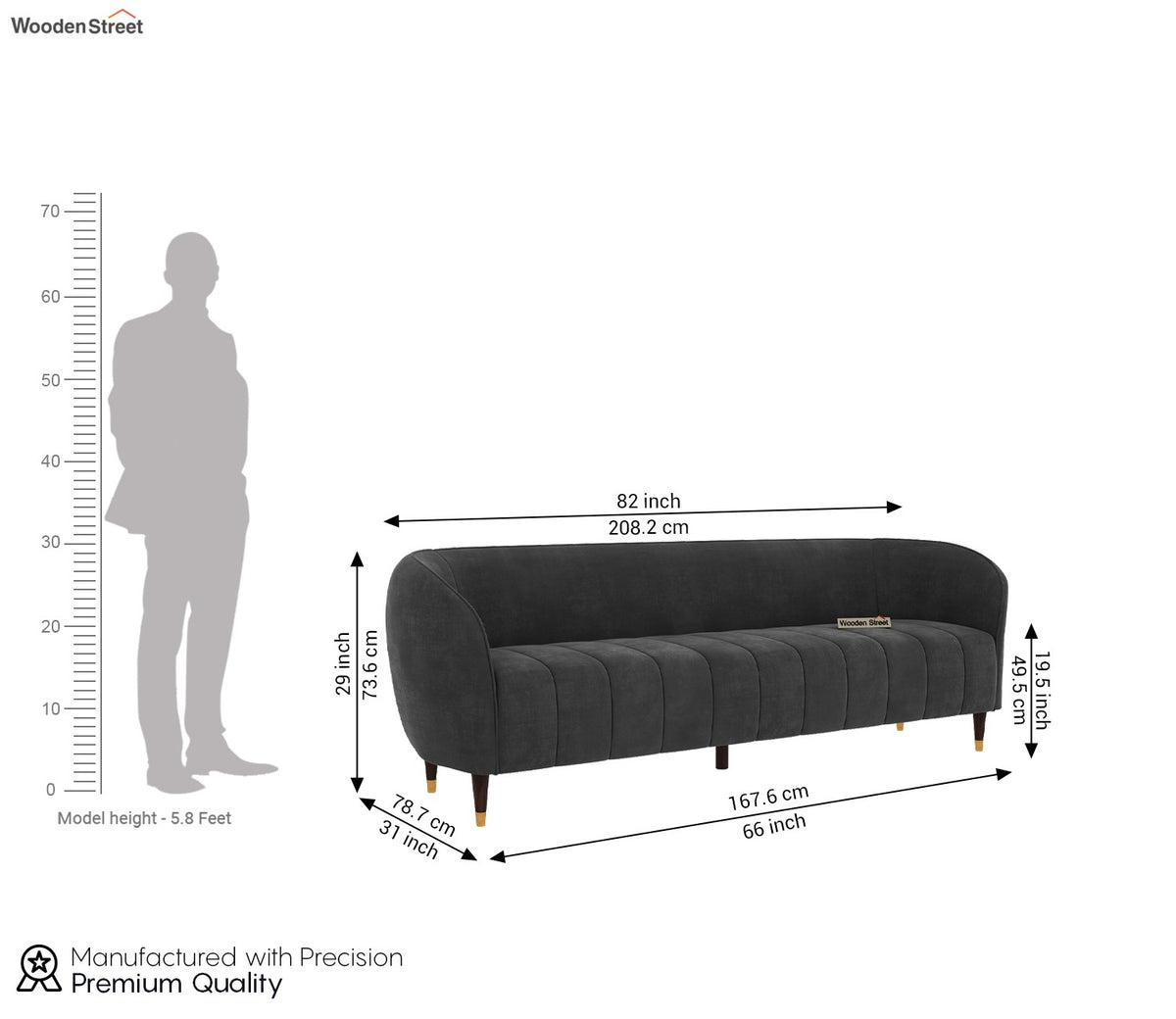 Eldric 3 Seater Sofa (Velvet, Graphite Grey)