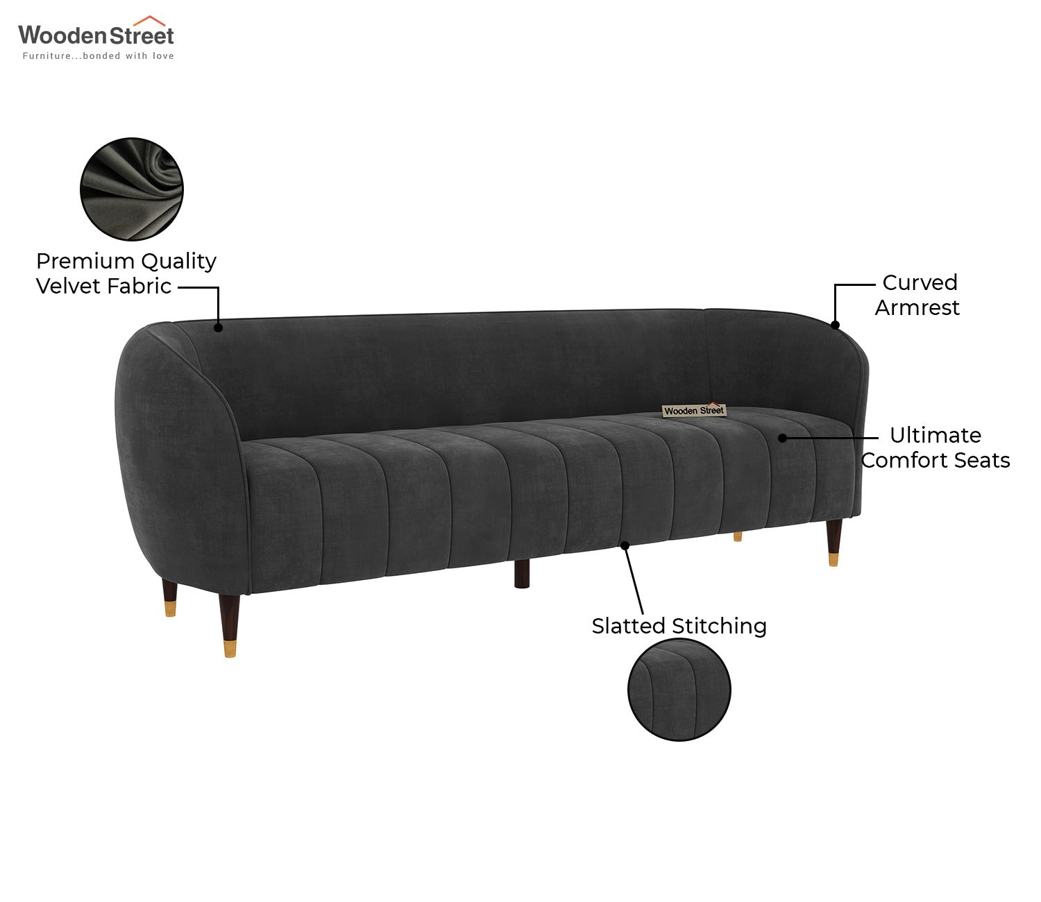 Eldric 3 Seater Sofa (Velvet, Graphite Grey)