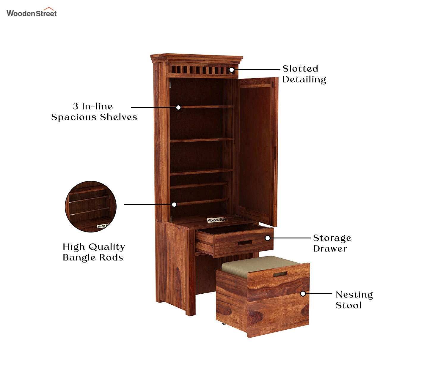 Adolph Dressing Table With Storage Stool (Honey Finish)