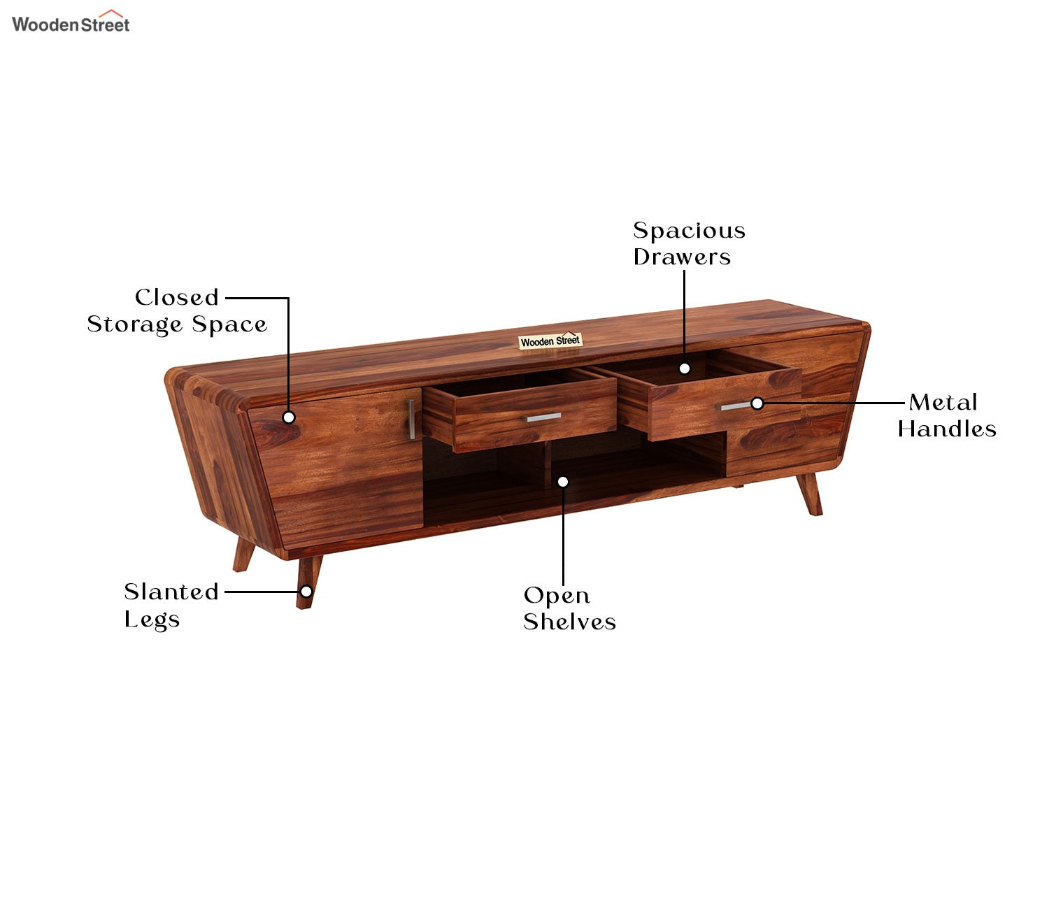 Melvina Sheesham Wood Tv Unit with Cupboards Drawers and Shelve Storage (Honey Finish)