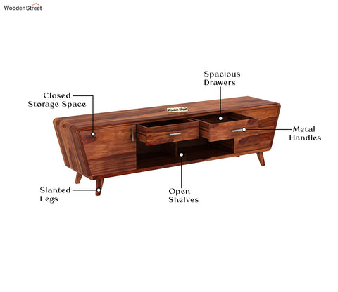 Melvina Sheesham Wood Tv Unit with Cupboards Drawers and Shelve Storage (Honey Finish)