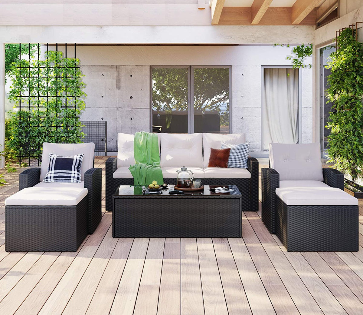 Black Rattan And Wicker 7 Seater Sofa Set With Table And Offwhite Cushions