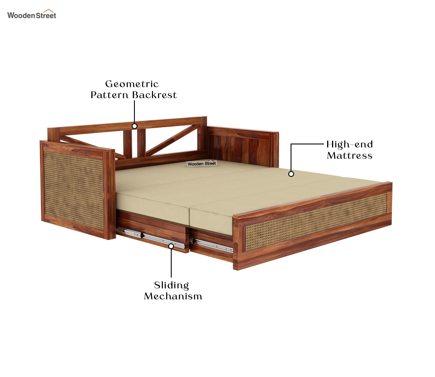 Walder Sheesham Wood 3 Seater Sofa Cum Bed with Cane (King Size, Honey Irish Cream)