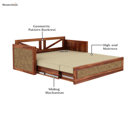 Walder Sheesham Wood 3 Seater Sofa Cum Bed with Cane (King Size, Honey Irish Cream)