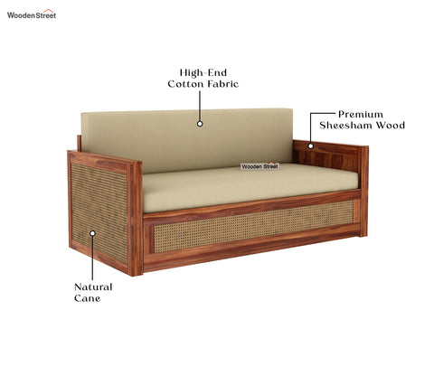Walder Sheesham Wood 3 Seater Sofa Cum Bed with Cane (King Size, Honey Irish Cream)