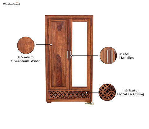 Cambrey Sheesham Wood 2 Door Wardrobe with Mirror (Honey Finish)
